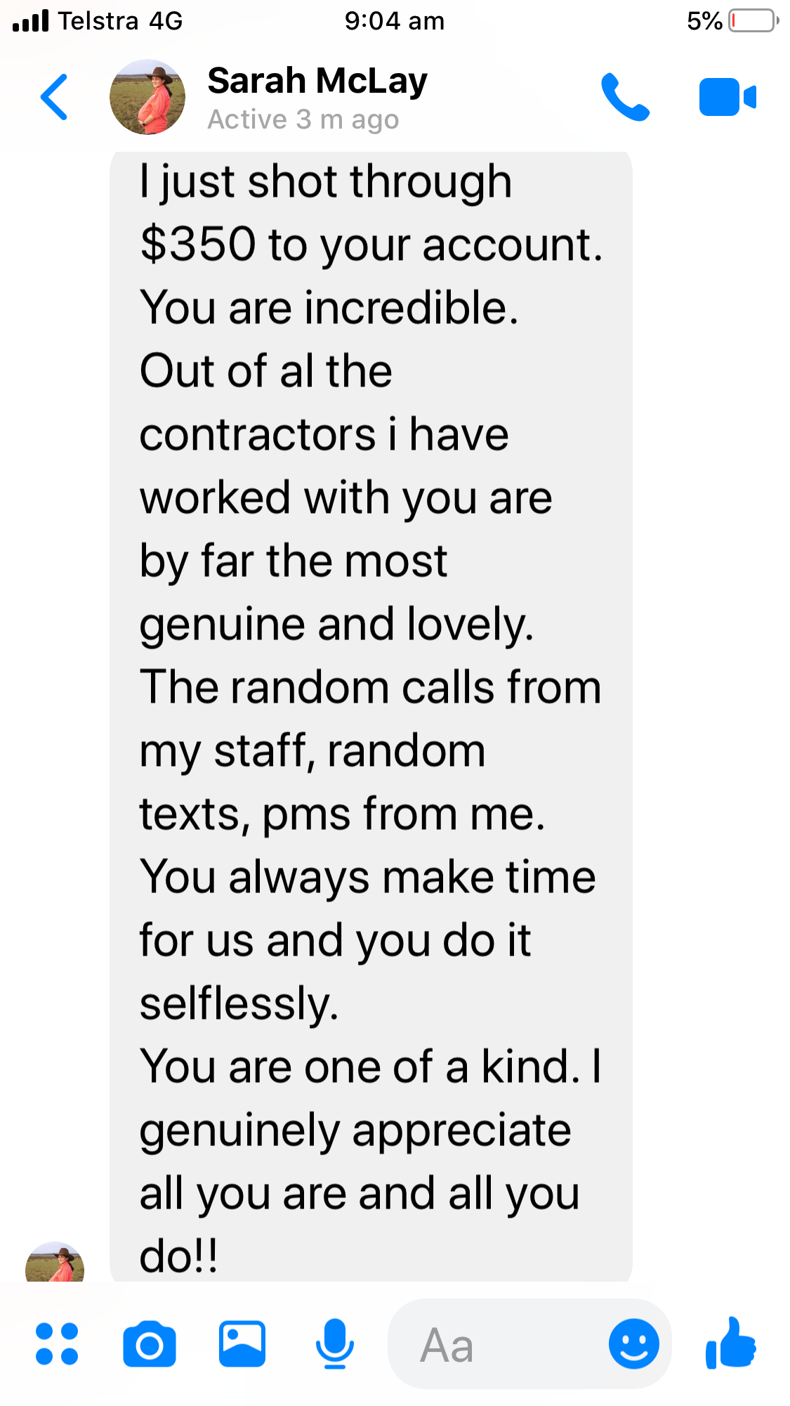 Screenshot of Sarah McLay testimonial message