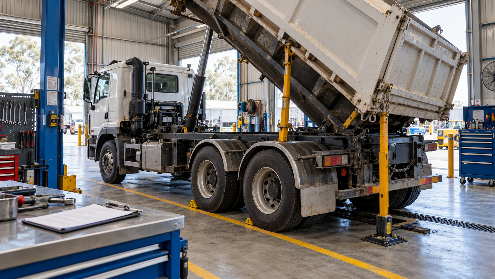Industrial Workshop with Raised Tipper Truck