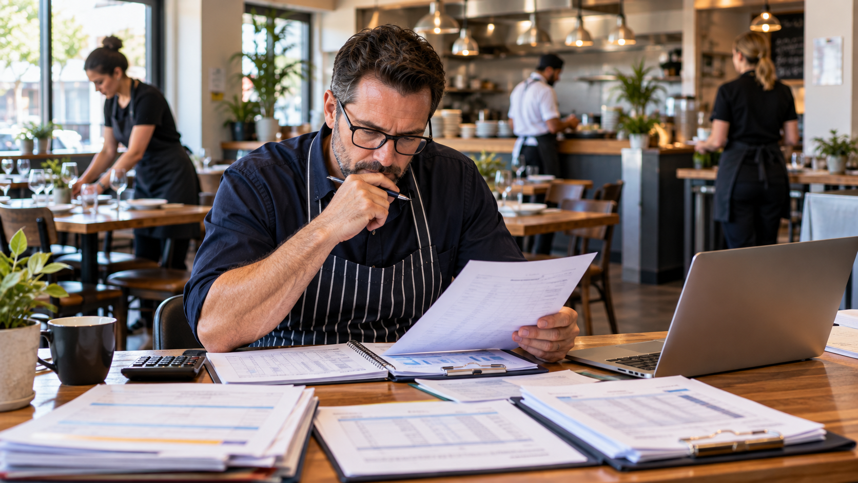 Restaurant Operator reviewing timesheets against awards and payroll